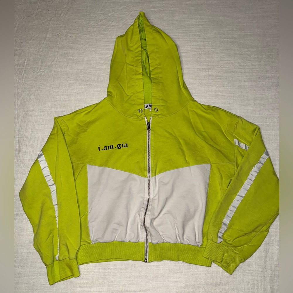 I Am Gia Zip Up Chyna Green Logo White Colorblock Hoodie Sweatshirt